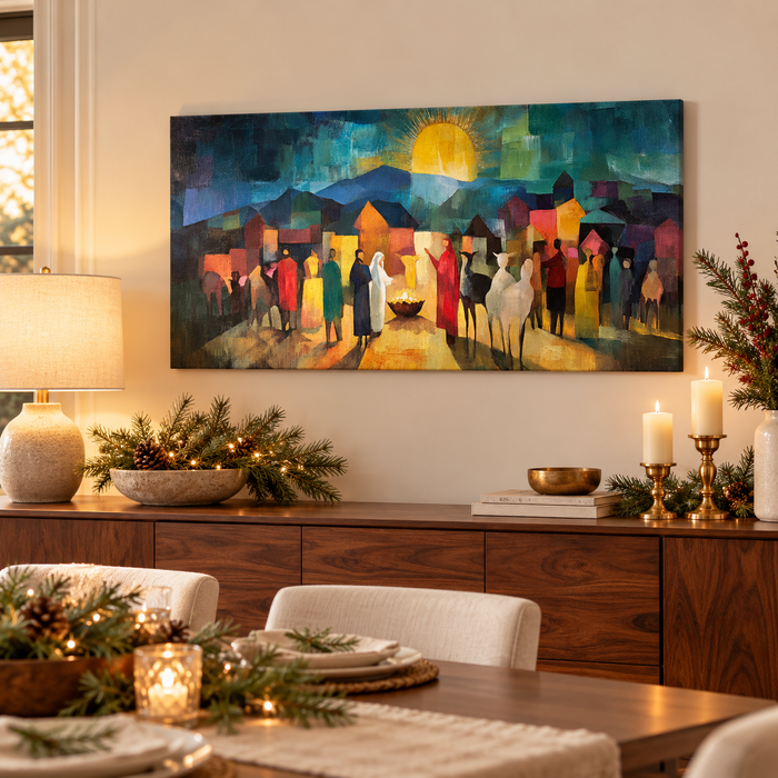 Christmas Nativity Scene Art Print - Mary, Joseph and Baby Jesus in Bethlehem Abstract Oil Painting Print