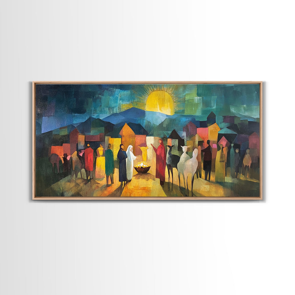 Christmas Nativity Scene Art Print - Mary, Joseph and Baby Jesus in Bethlehem Abstract Oil Painting Print