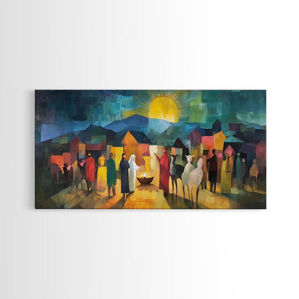 Christmas Nativity Scene Art Print - Mary, Joseph and Baby Jesus in Bethlehem Abstract Oil Painting Print