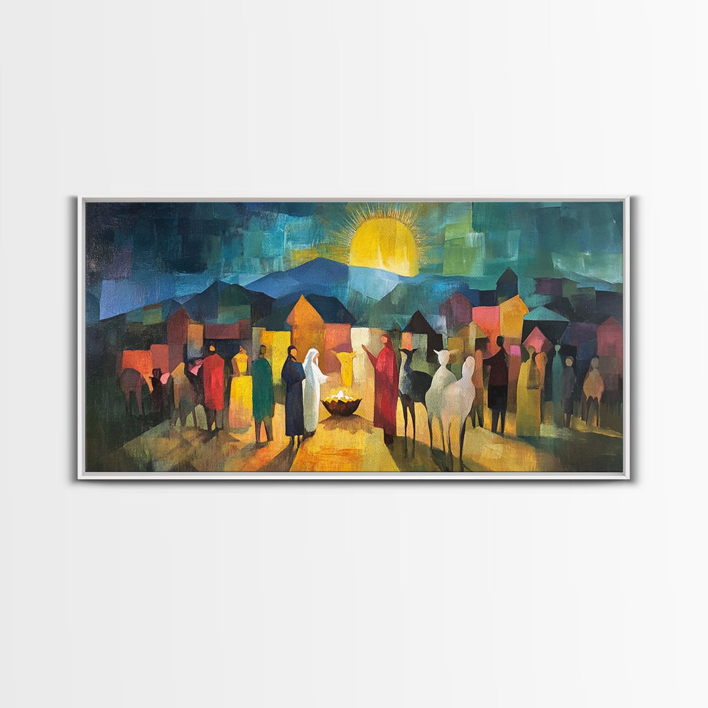 Christmas Nativity Scene Art Print - Mary, Joseph and Baby Jesus in Bethlehem Abstract Oil Painting Print