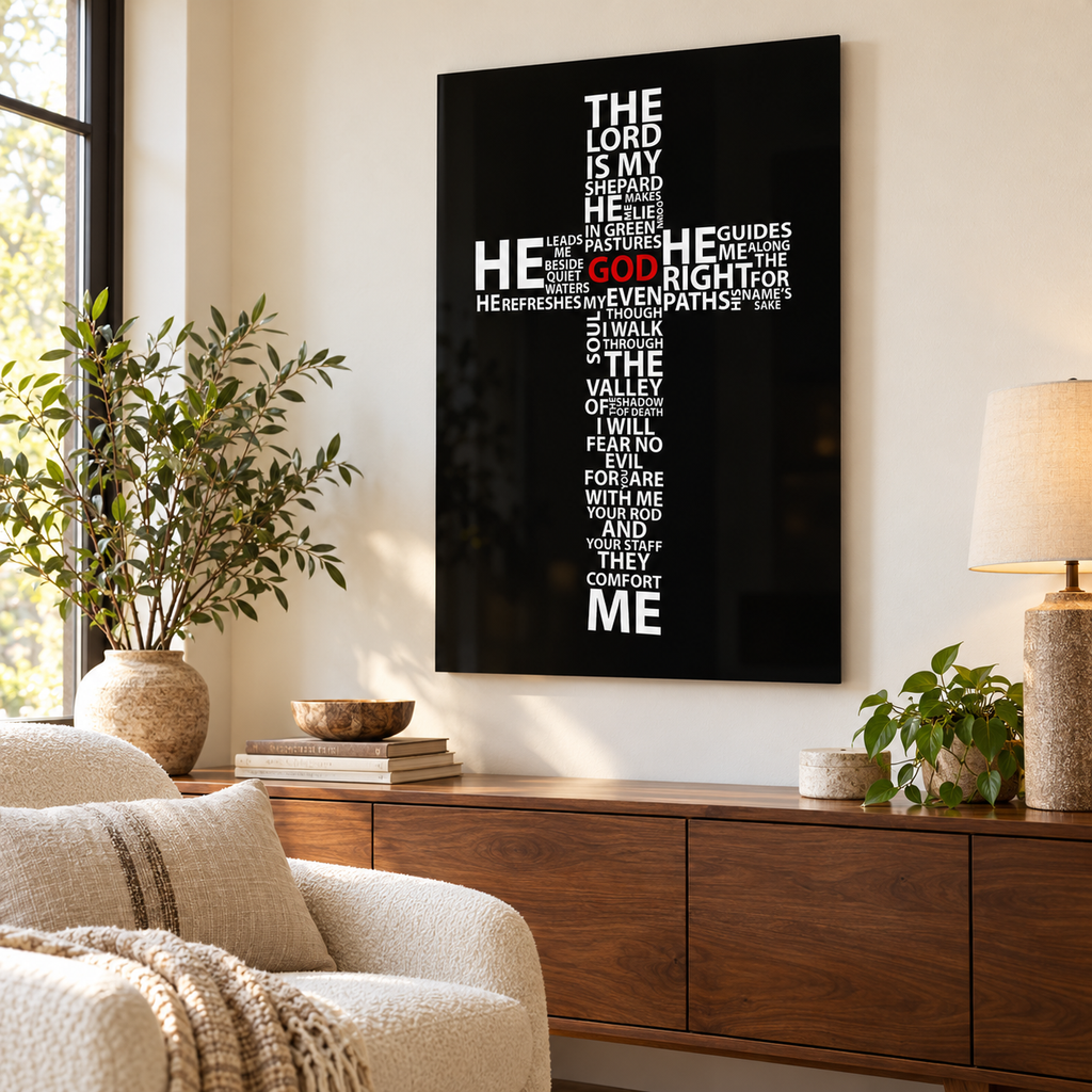 Psalm Typography Word Cross Glass Wall Art