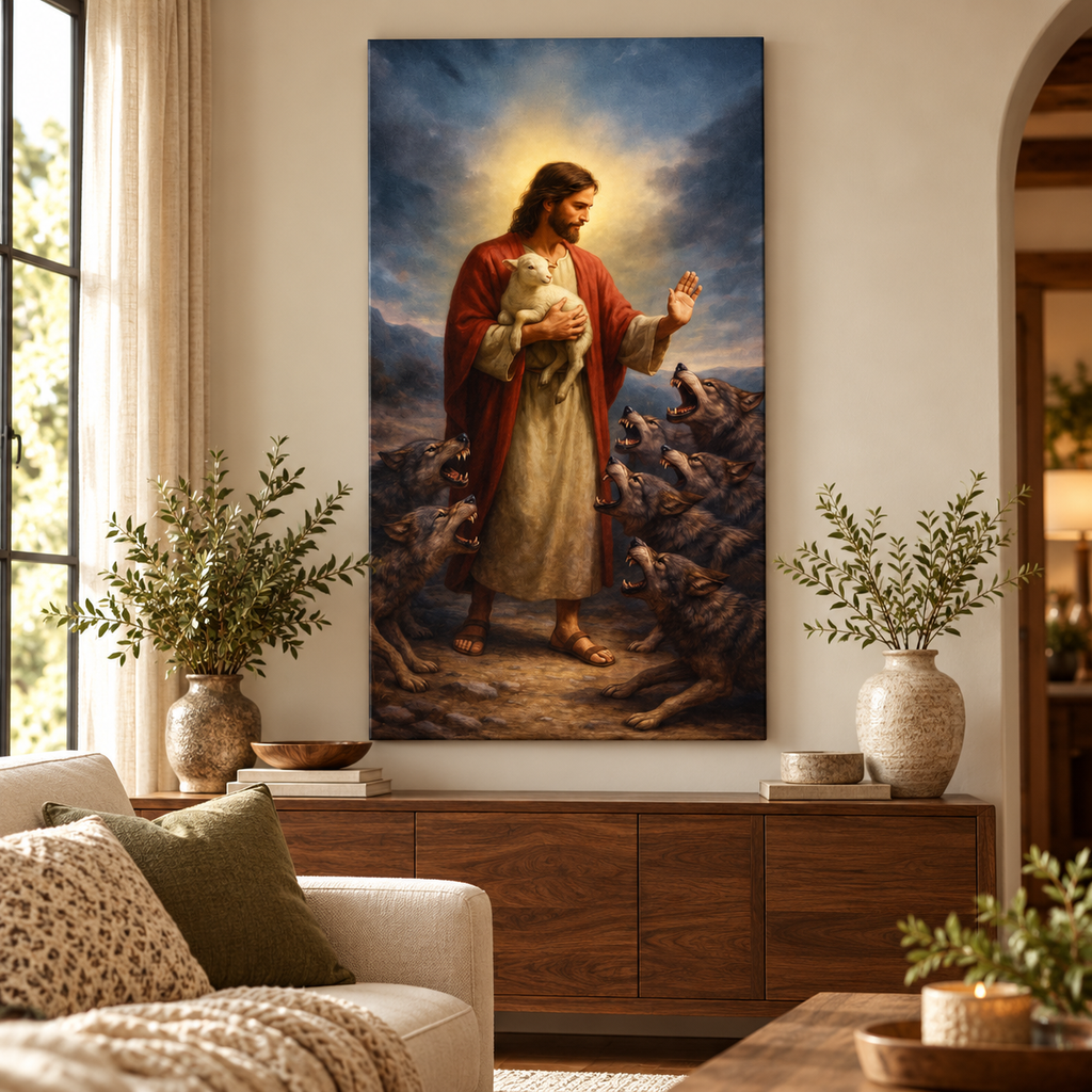 Jesus Protects The Lamb From Wolves Faith Wall Art V