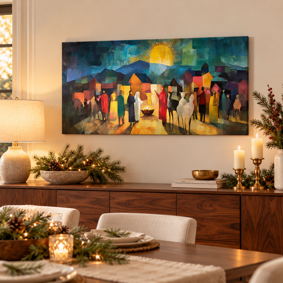 Christmas Nativity Scene Art Print - Mary, Joseph and Baby Jesus in Bethlehem Abstract Oil Painting Print