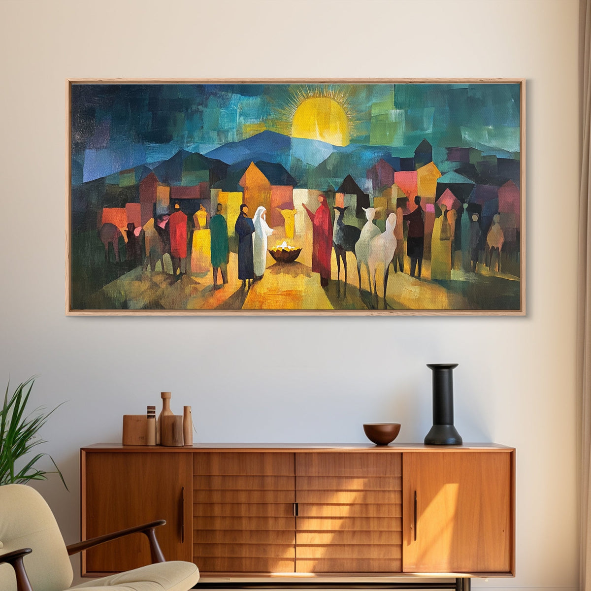 Christmas Nativity Scene Art Print - Mary, Joseph and Baby Jesus in Bethlehem Abstract Oil Painting Print
