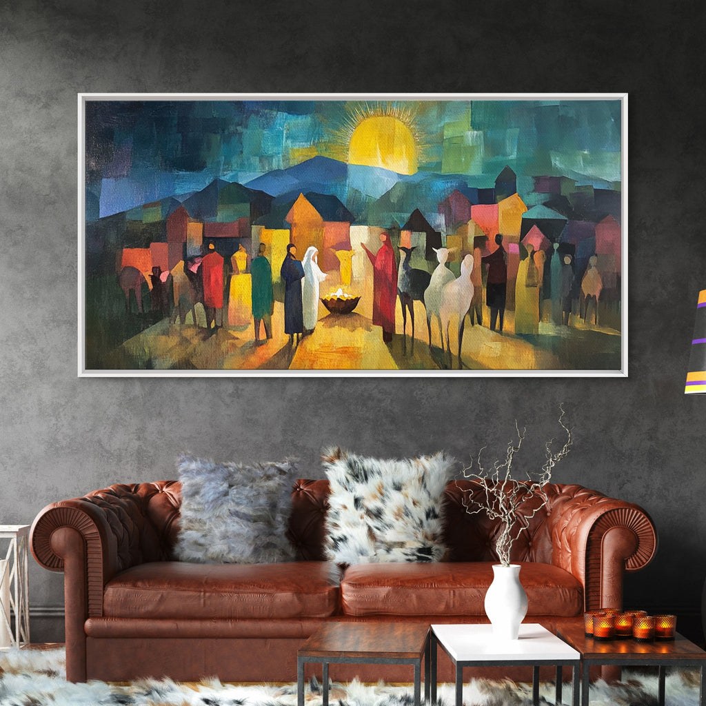 Christmas Nativity Scene Art Print - Mary, Joseph and Baby Jesus in Bethlehem Abstract Oil Painting Print